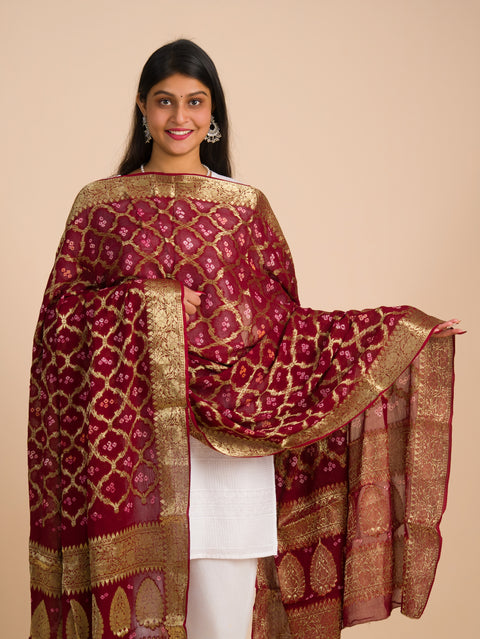By Banarasi Bandhani Dupatta Mehroon