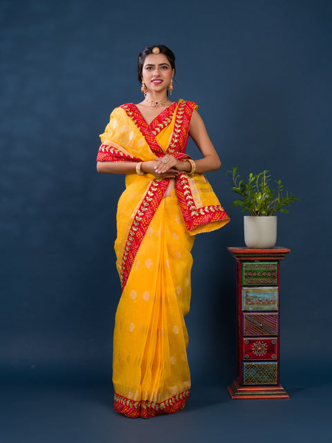 KcPc Rajasthani Marwadi Pure Kota Doriya Piliya Banarasi Zari Pallu Saree
