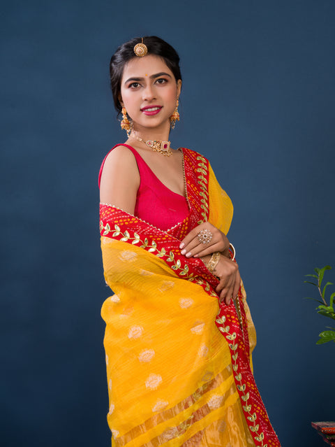 KcPc Rajasthani Marwadi Pure Kota Doriya Piliya Banarasi Zari Pallu Saree