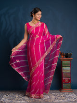  Pink saree with gold patternsOrganza Leheriya Style With Gotapatti Work 