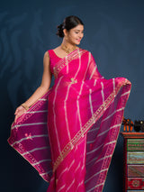  Pink saree with gold patternsOrganza Leheriya Style With Gotapatti Work 