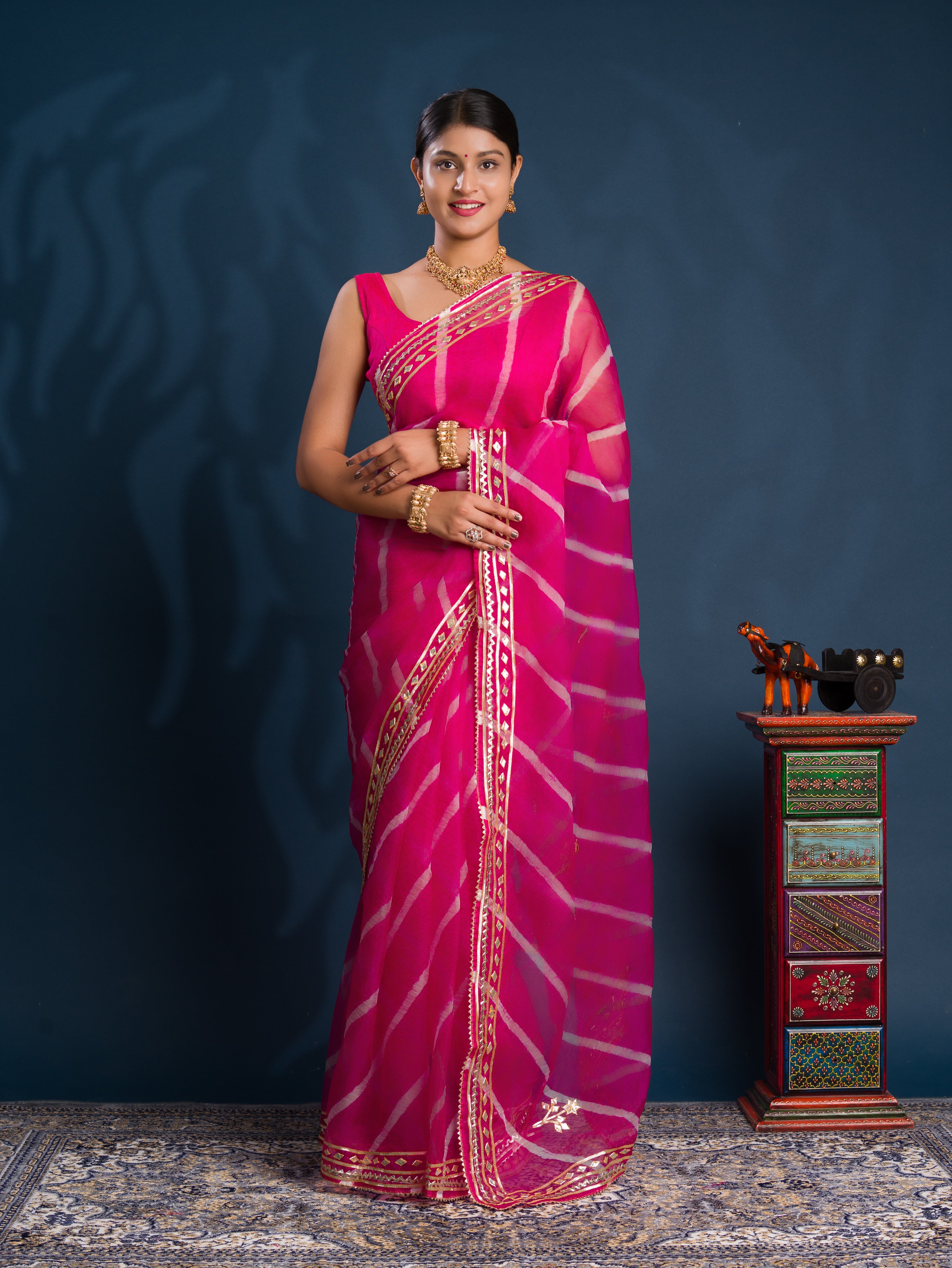 Organza Leheriya Style With Gotapatti Work Saree in pink colour