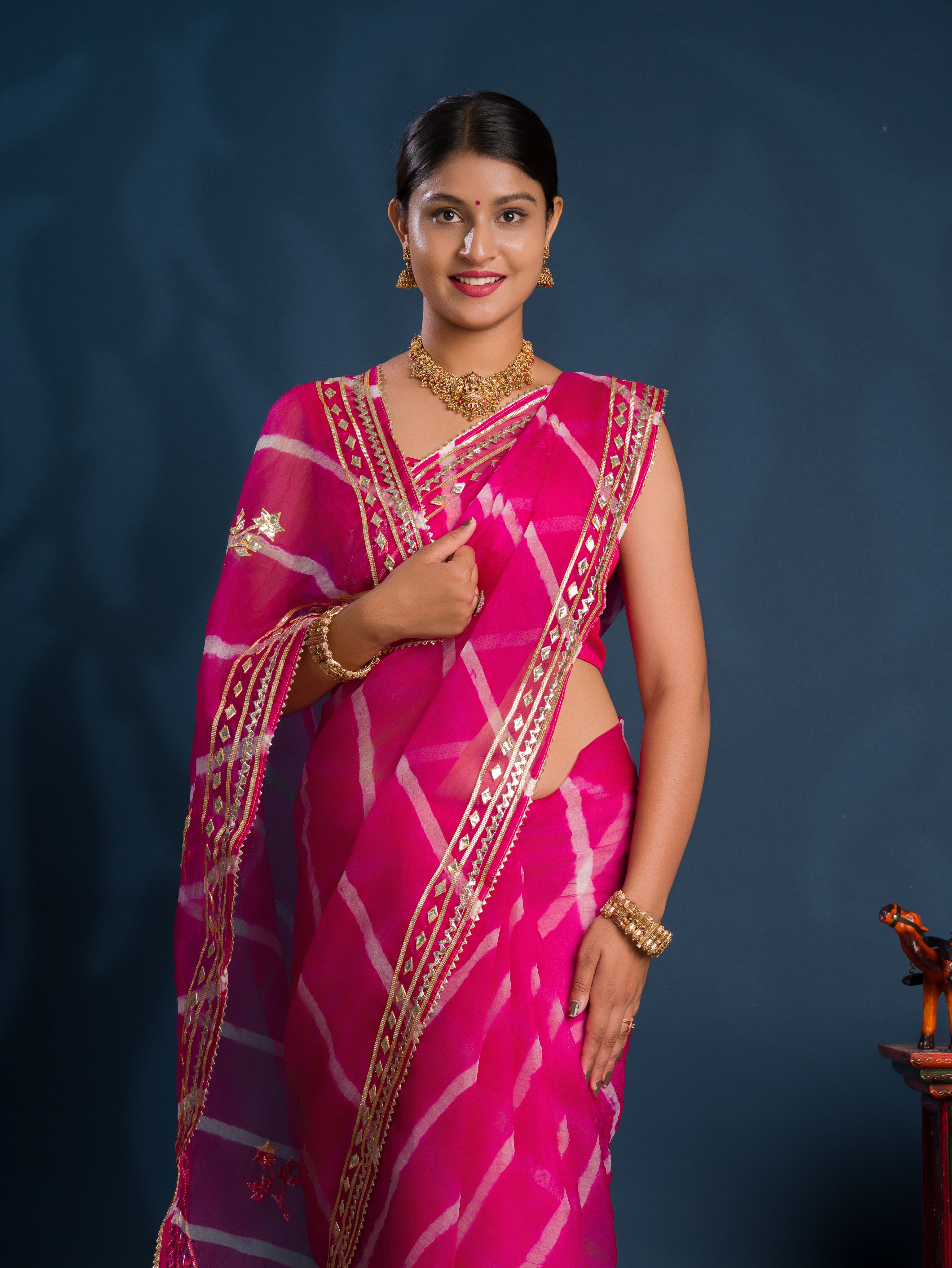  Pink saree with gold patternsOrganza Leheriya Style With Gotapatti Work 