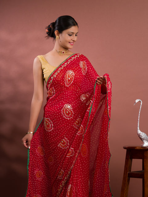KcPc New Latest Chiffon Bandhani Style With Gotapatti Work Saree MHS