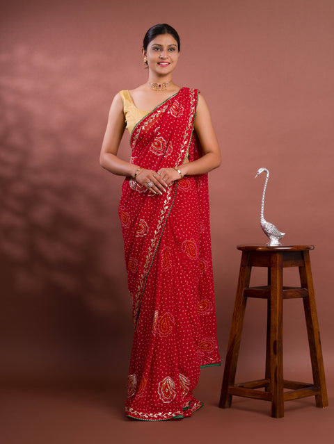 KcPc New Latest Chiffon Bandhani Style With Gotapatti Work Saree MHS
