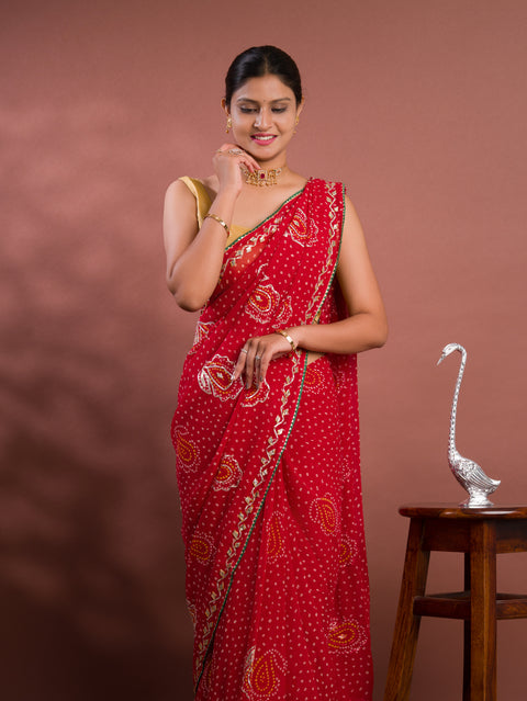 KcPc New Latest Chiffon Bandhani Style With Gotapatti Work Saree MHS