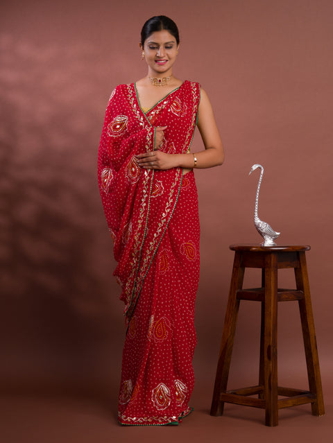 KcPc New Latest Chiffon Bandhani Style With Gotapatti Work Saree MHS