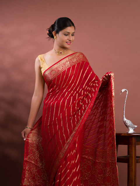 KcPc New Launch Pure khaddi Georgette Banarasi Handloom Leheriya Zari Weaving Saree  MAHA