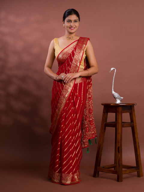 KcPc New Launch Pure khaddi Georgette Banarasi Handloom Leheriya Zari Weaving Saree  MAHA