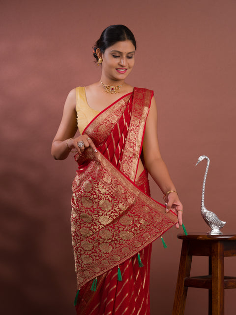 KcPc New Launch Pure khaddi Georgette Banarasi Handloom Leheriya Zari Weaving Saree  MAHA