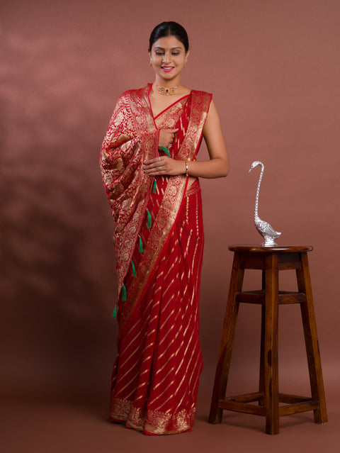 KcPc New Launch Pure khaddi Georgette Banarasi Handloom Leheriya Zari Weaving Saree  MAHA