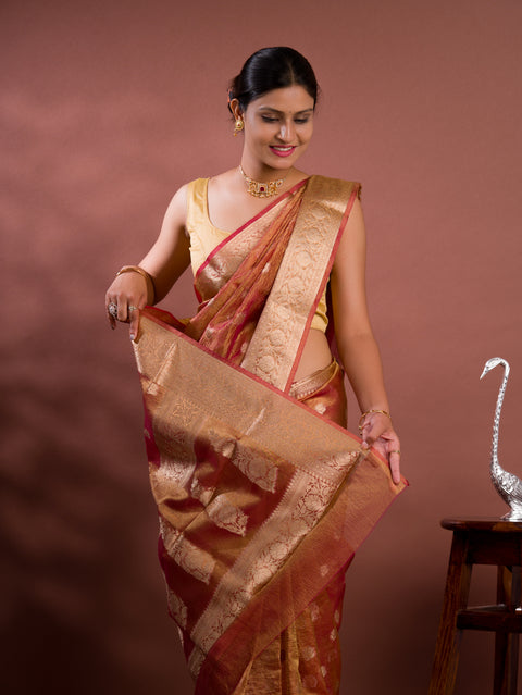 KcPc Pure Banarasi Crush Tissue silk Handloom Zari Border Saree INA