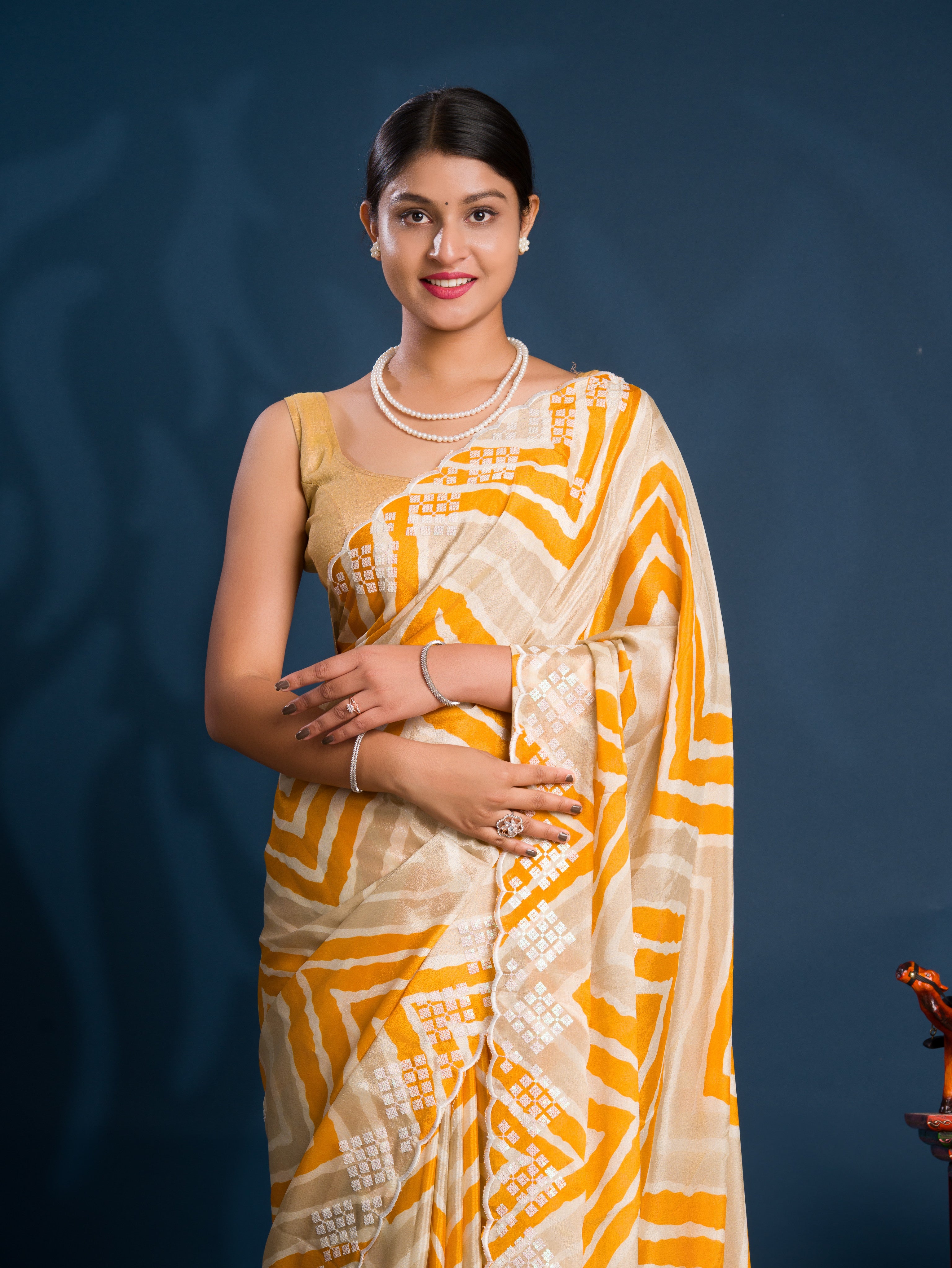 By Zig zag Style With Kashida Tari Work Saree