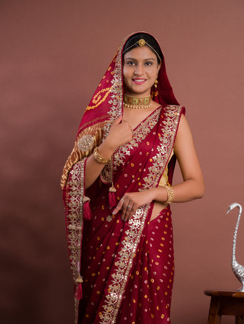 KcPc Pure Modal Silk Bandhani Ekdana Bandhej Heavy Gotapatti Work Saree  AMT Mehroon