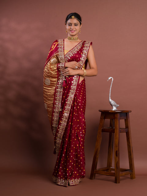 KcPc Pure Modal Silk Bandhani Ekdana Bandhej Heavy Gotapatti Work Saree  AMT Mehroon