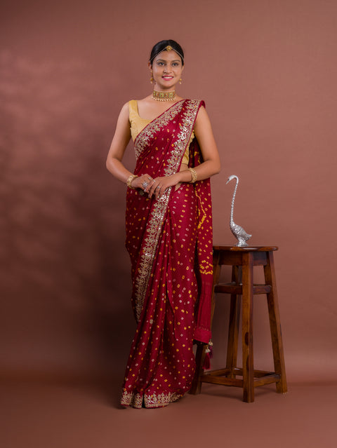 KcPc Pure Modal Silk Bandhani Ekdana Bandhej Heavy Gotapatti Work Saree  AMT Mehroon