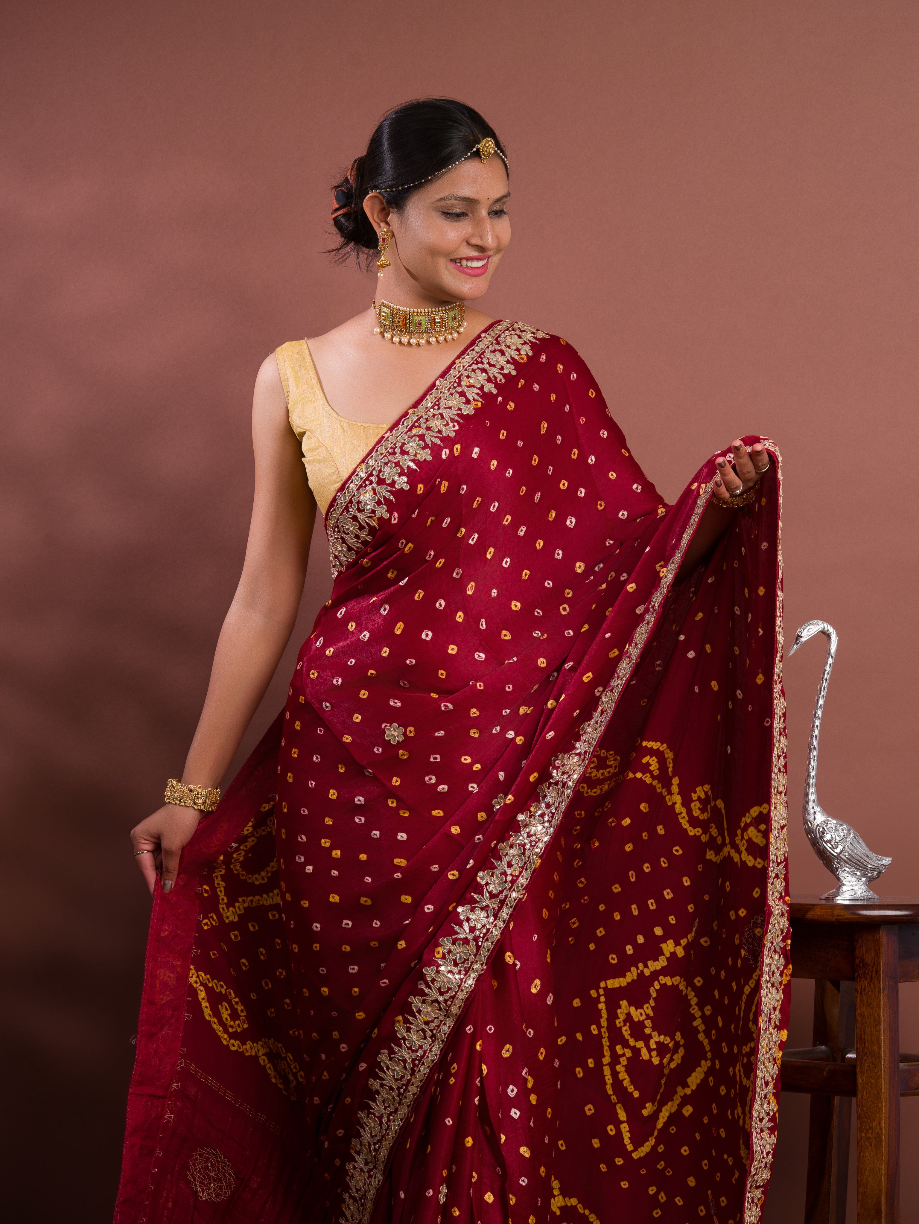 KcPc Pure Modal Silk Bandhani Ekdana Bandhej Heavy Gotapatti Work SareeAMT Mehroon