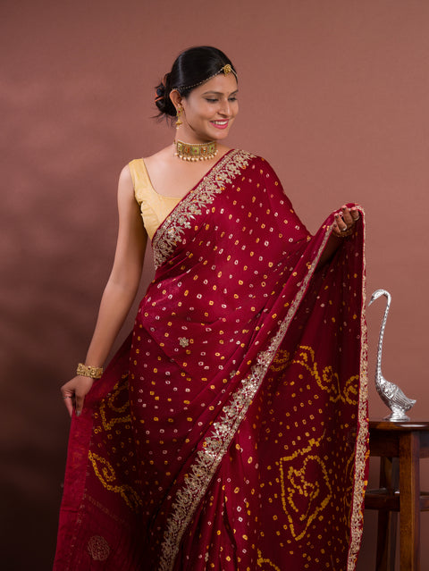 KcPc Pure Modal Silk Bandhani Ekdana Bandhej Heavy Gotapatti Work Saree  AMT Mehroon