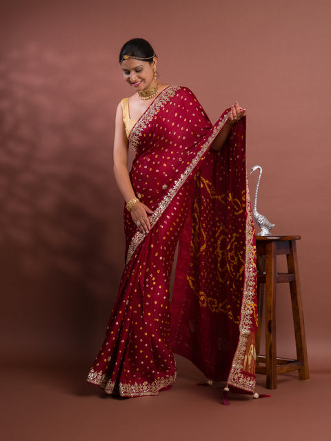 KcPc Pure Modal Silk Bandhani Ekdana Bandhej Heavy Gotapatti Work Saree  AMT Mehroon