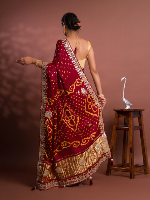 KcPc Pure Modal Silk Bandhani Ekdana Bandhej Heavy Gotapatti Work Saree  AMT Mehroon