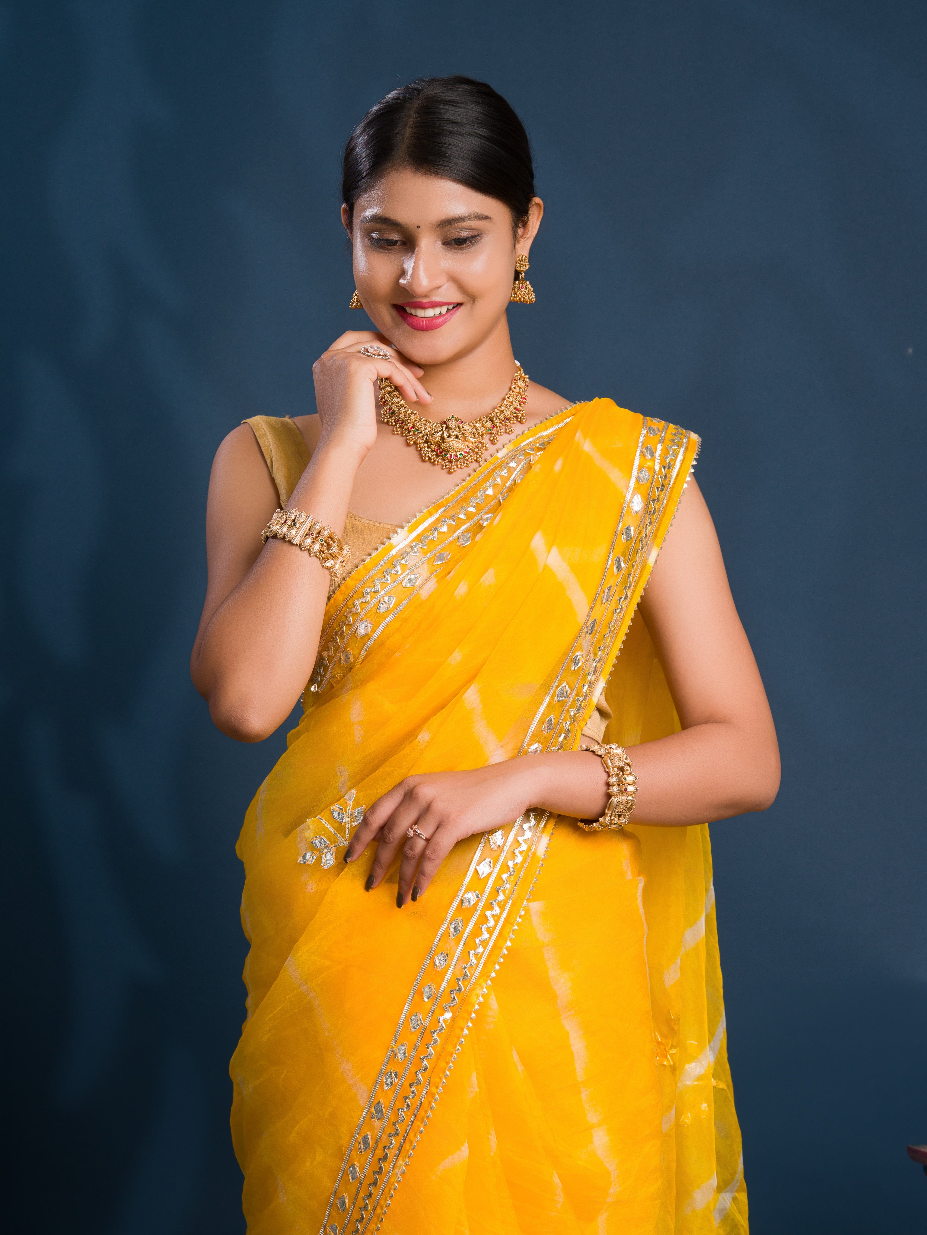  Organza Leheriya Style With Gotapatti Work Saree in Yellow colour