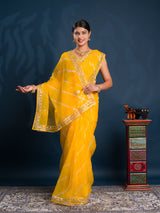  Organza Leheriya Style With Gotapatti Work Saree in Yellow colour