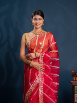 Red saree with gold patterns Organza Leheriya Style With Gotapatti Work 
