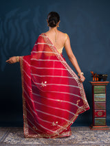 Red saree with gold patterns Organza Leheriya Style With Gotapatti Work 