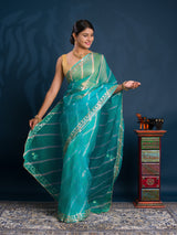 Teal sareewith Silverpatterns Organza Leheriya Style With Gotapatti Work 