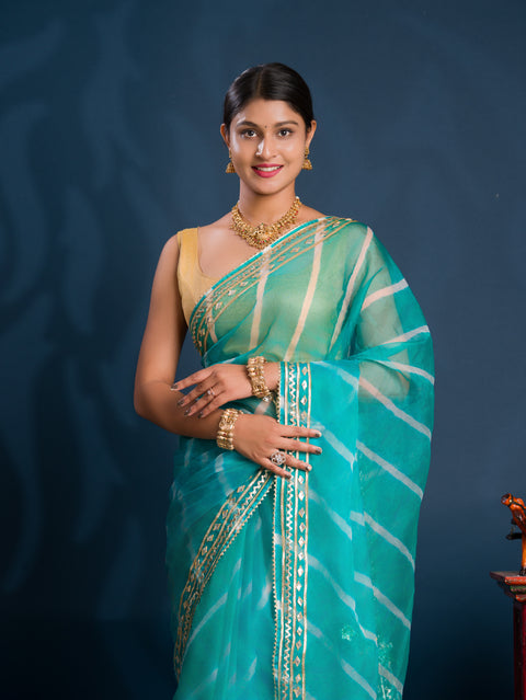 KcPc New Spiceal Organza Leheriya Style With Gotapatti Work Saree MHS