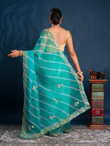 Teal sareewith Silverpatterns Organza Leheriya Style With Gotapatti Work 