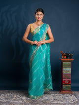 Teal sareewith Silverpatterns Organza Leheriya Style With Gotapatti Work 