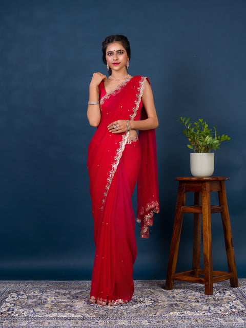 chiffon saree with Mirror cut work in traditional red color for wedding