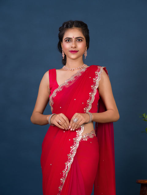 chiffon saree with Mirror cut work in traditional red color for wedding
