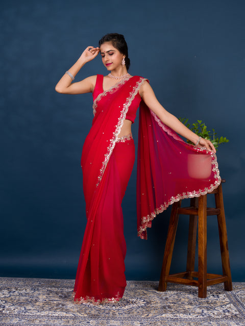 chiffon saree with Mirror cut work in traditional red color for wedding