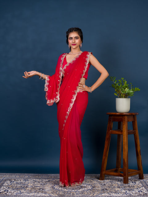chiffon saree with Mirror cut work in traditional red color for wedding