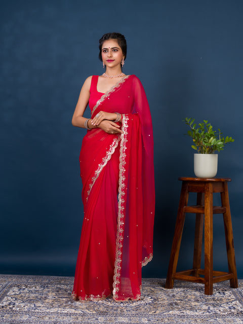 chiffon saree with Mirror cut work in traditional red color for wedding