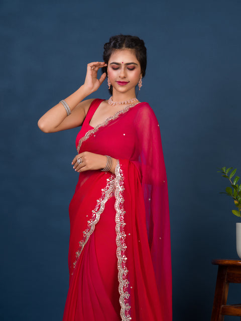 chiffon saree with Mirror cut work in traditional red color for wedding