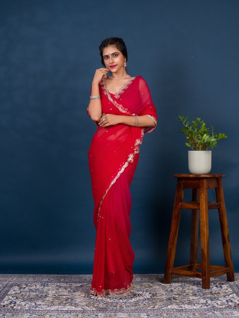 chiffon saree with Mirror cut work in traditional red color for wedding