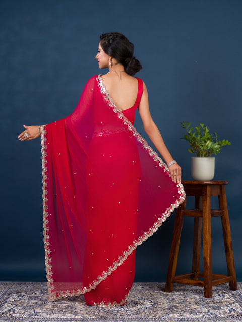 chiffon saree with Mirror cut work in traditional red color for wedding