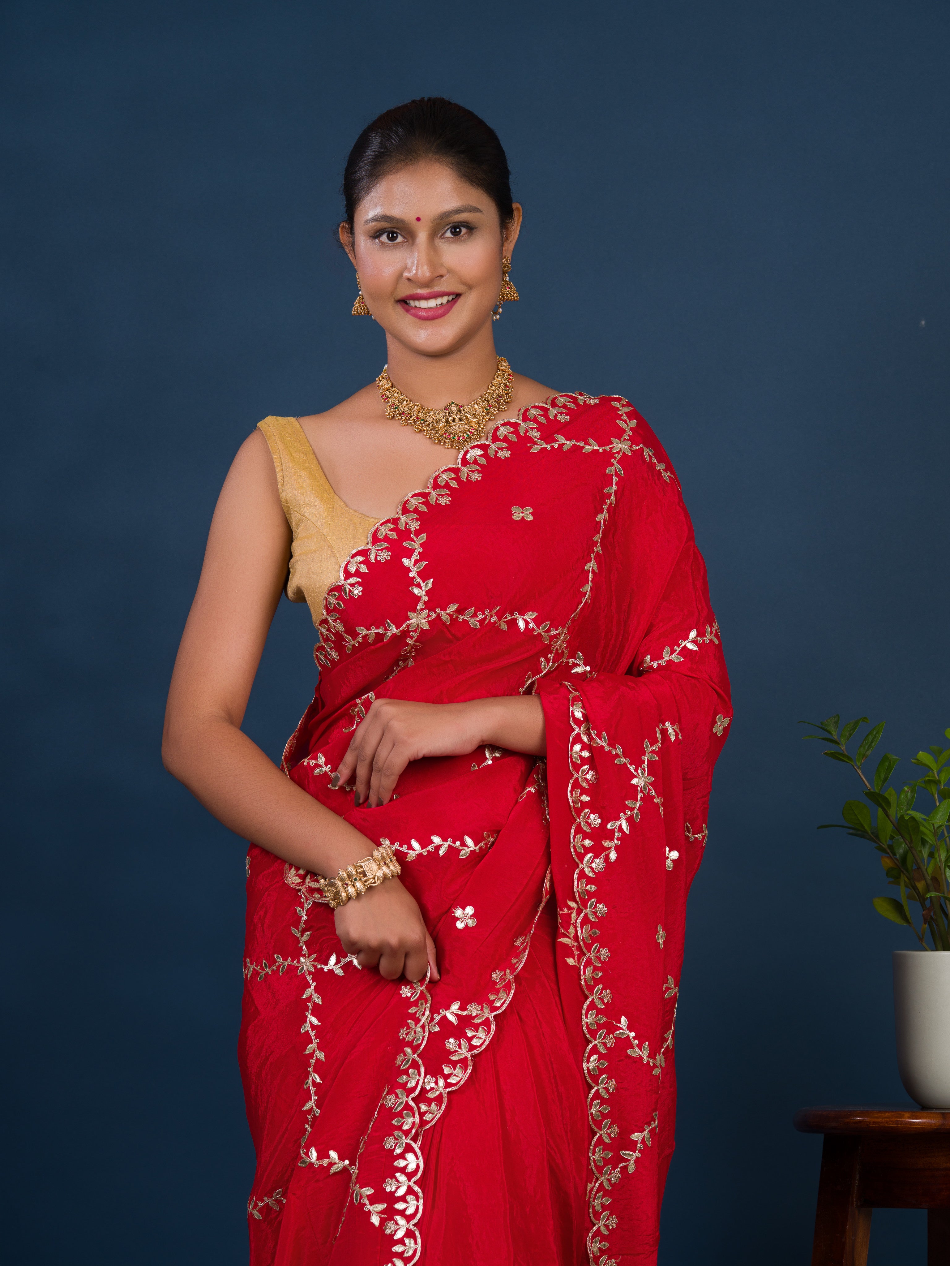 By New Designer Chinon Silk Saree with Traditional Gotapatti Work