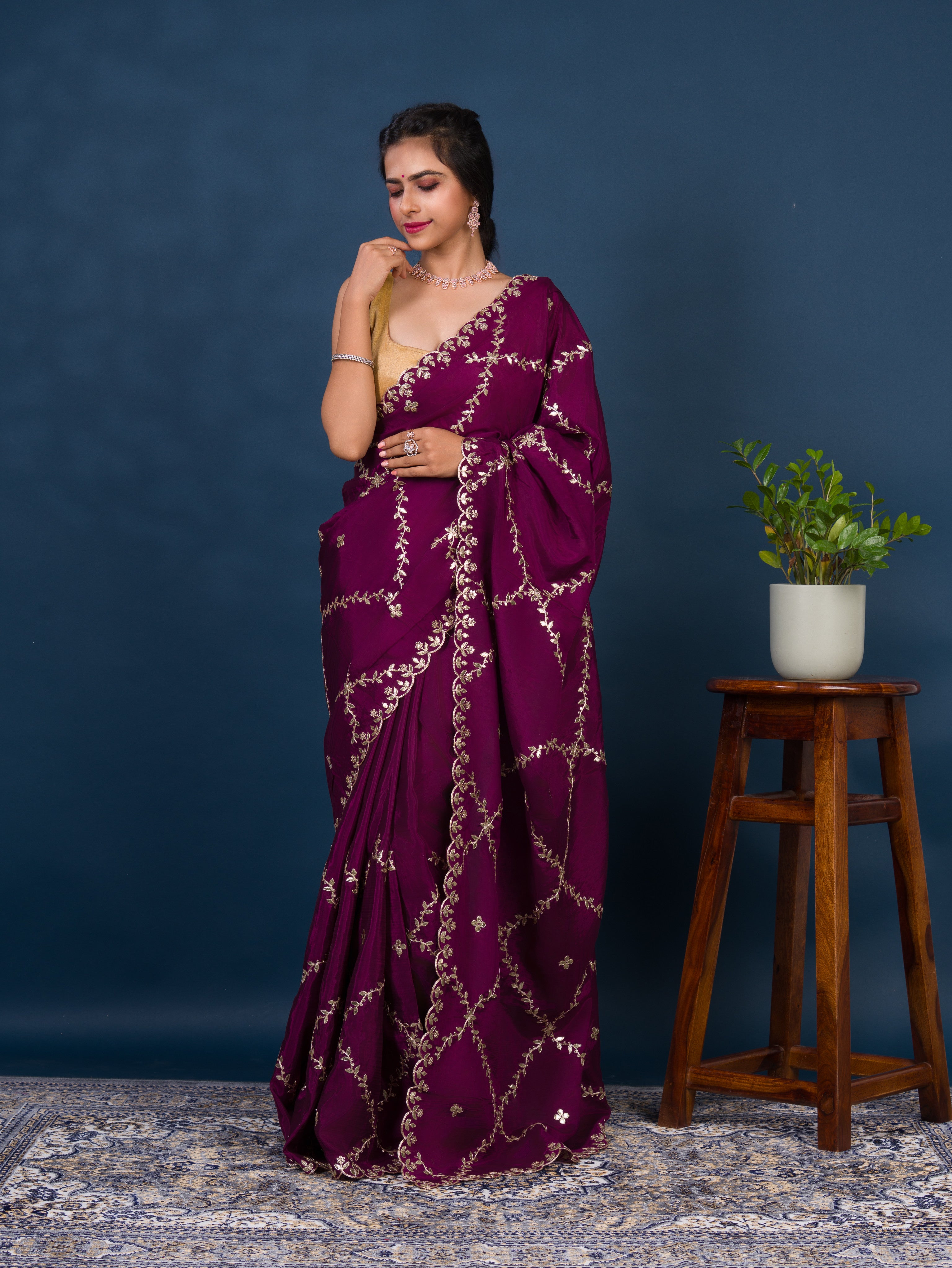 By New Designer Chinon Silk Saree with Traditional Gotapatti Work