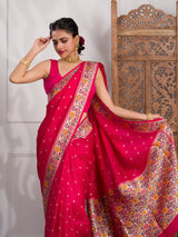 A red saree with gold borderBanarasi Silk Printed Style With zari weaving Work Saree 