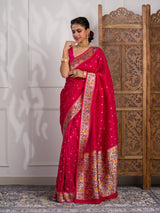 A red saree with gold borderBanarasi Silk Printed Style With zari weaving Work Saree 