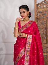 A red saree with gold borderBanarasi Silk Printed Style With zari weaving Work Saree 