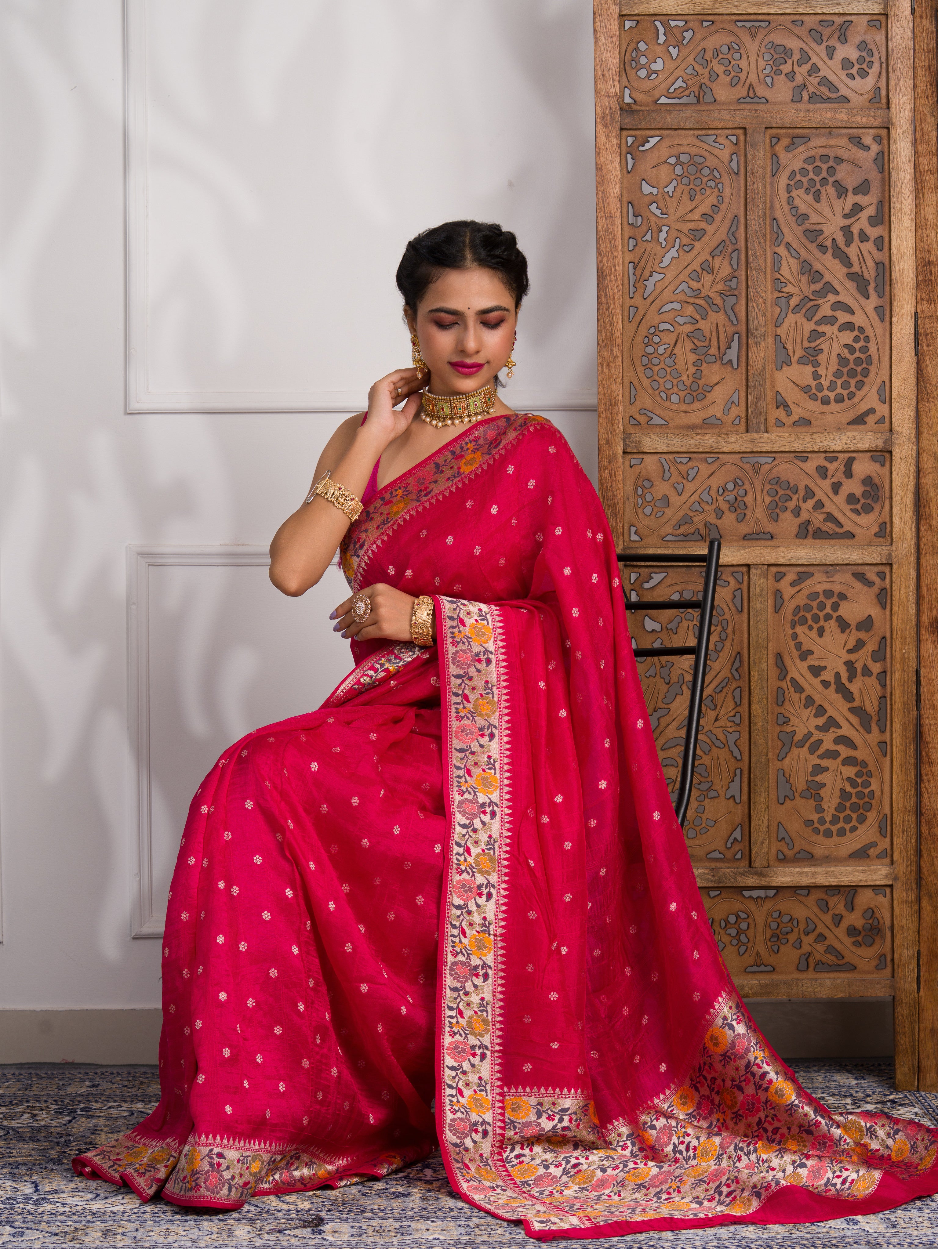 A red saree with gold borderBanarasi Silk Printed Style With zari weaving Work Saree 
