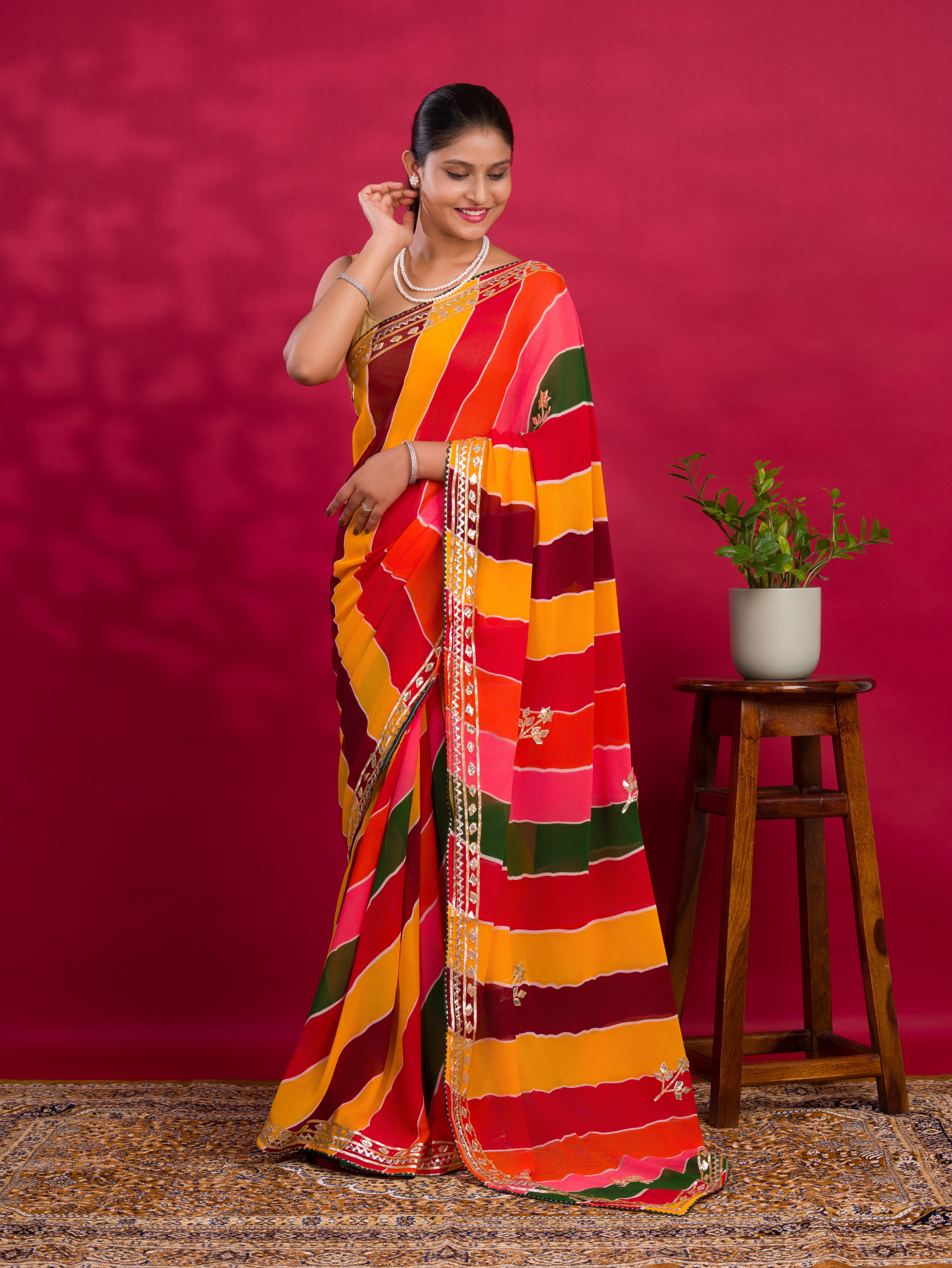 By New Latest Chiffon Leheriya Style With Gotapatti Work Saree 