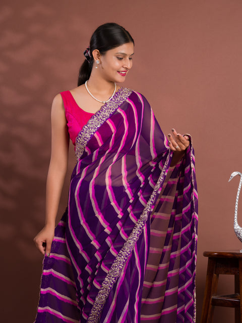 KcPc New Chiffon Leheriya Style With Embroidery Border Work Saree STL