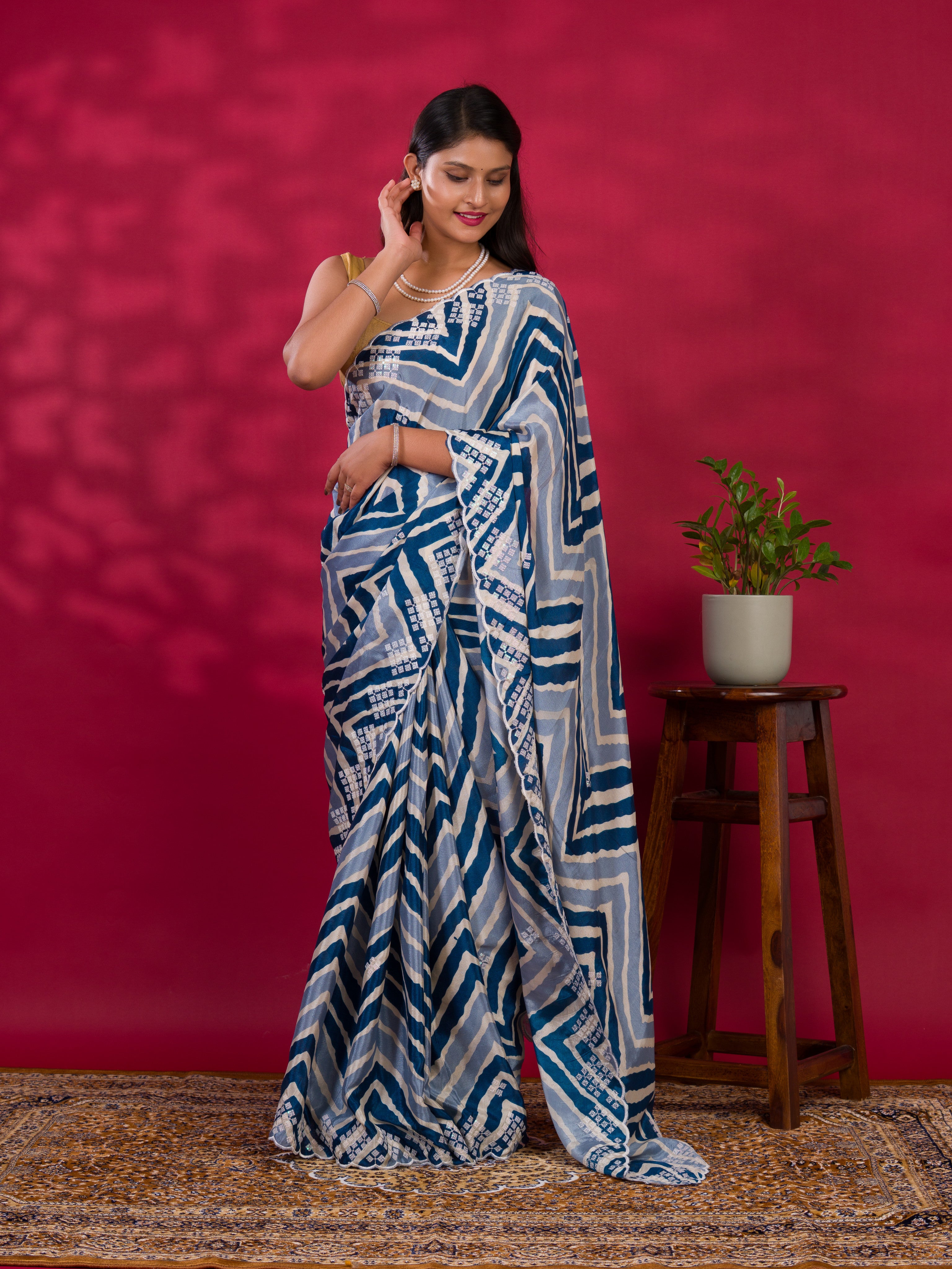 By Zig zag Style With Kashida Tari Work Saree