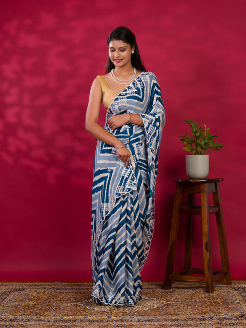 By Zig zag Style With Kashida Tari Work Saree